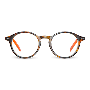 Populär modell i ny nyans! Riktigt snygg rund läsglasögonbåge, en uppdaterad klassiker i matt brunmelerad front & orange skalmar.<br>
Storsäljande modell! 
Fjädrande skalmar