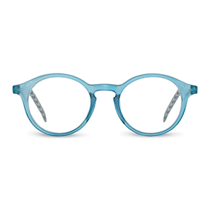 Populär modell i ny nyans! Riktigt snygg rund läsglasögonbåge, en uppdaterad klassiker i matt isblå front & matta svart randiga skalmar. <br>
Storsäljande modell! 
Fjädrande skalmar