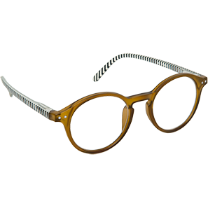 Storsäljande modell! Riktigt snygg rund läsglasögonbåge, en uppdaterad klassiker i matt brun front & matta svartvita skalmar.


